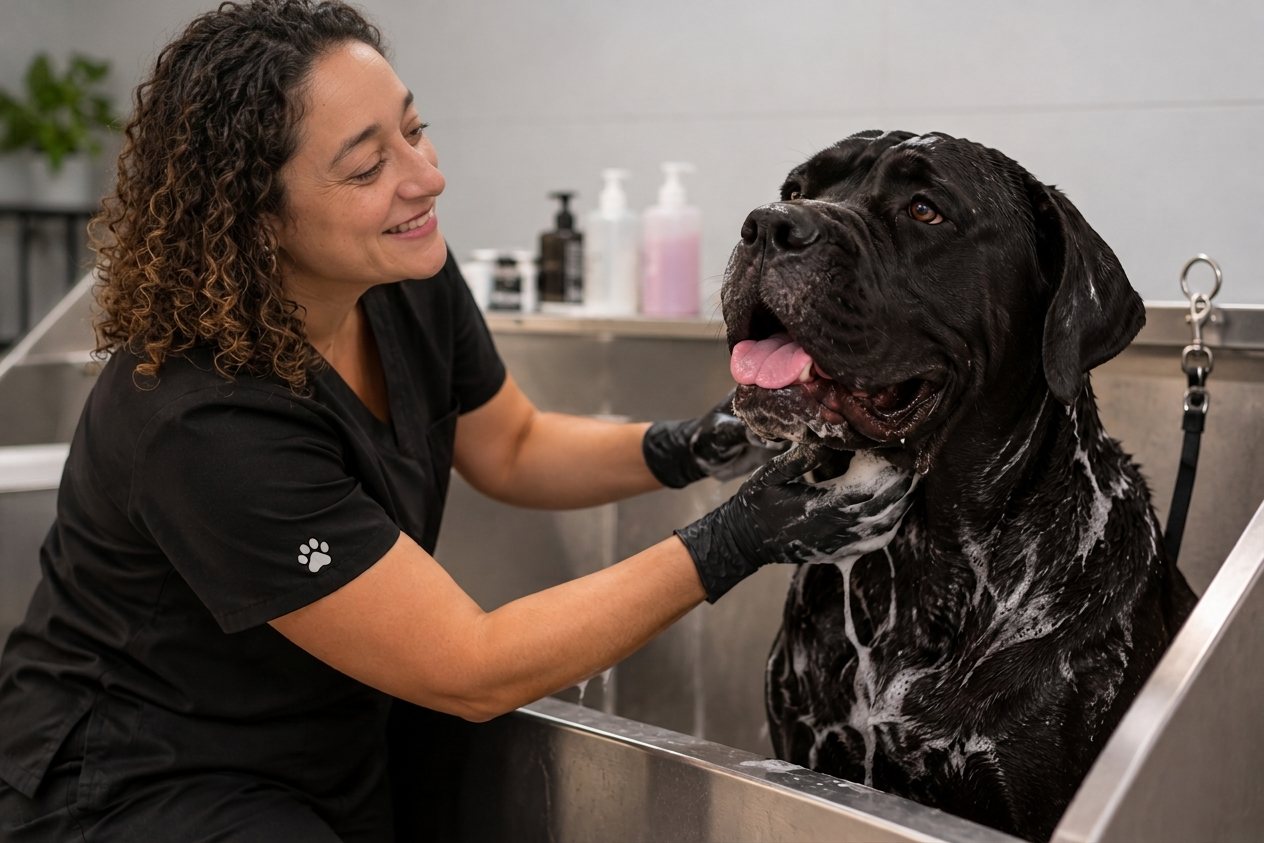 Julieta a cuidar de um cão preto de porte grande na banheira do estúdio