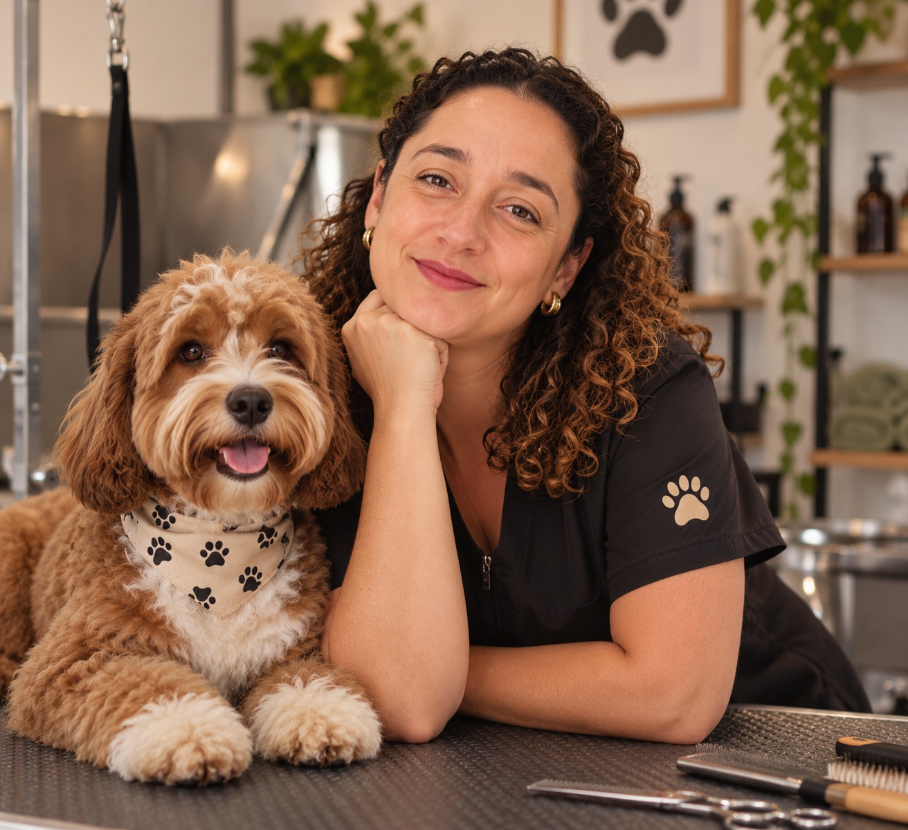Julieta ao lado de um cão pequeno de pelo castanho claro no estúdio
