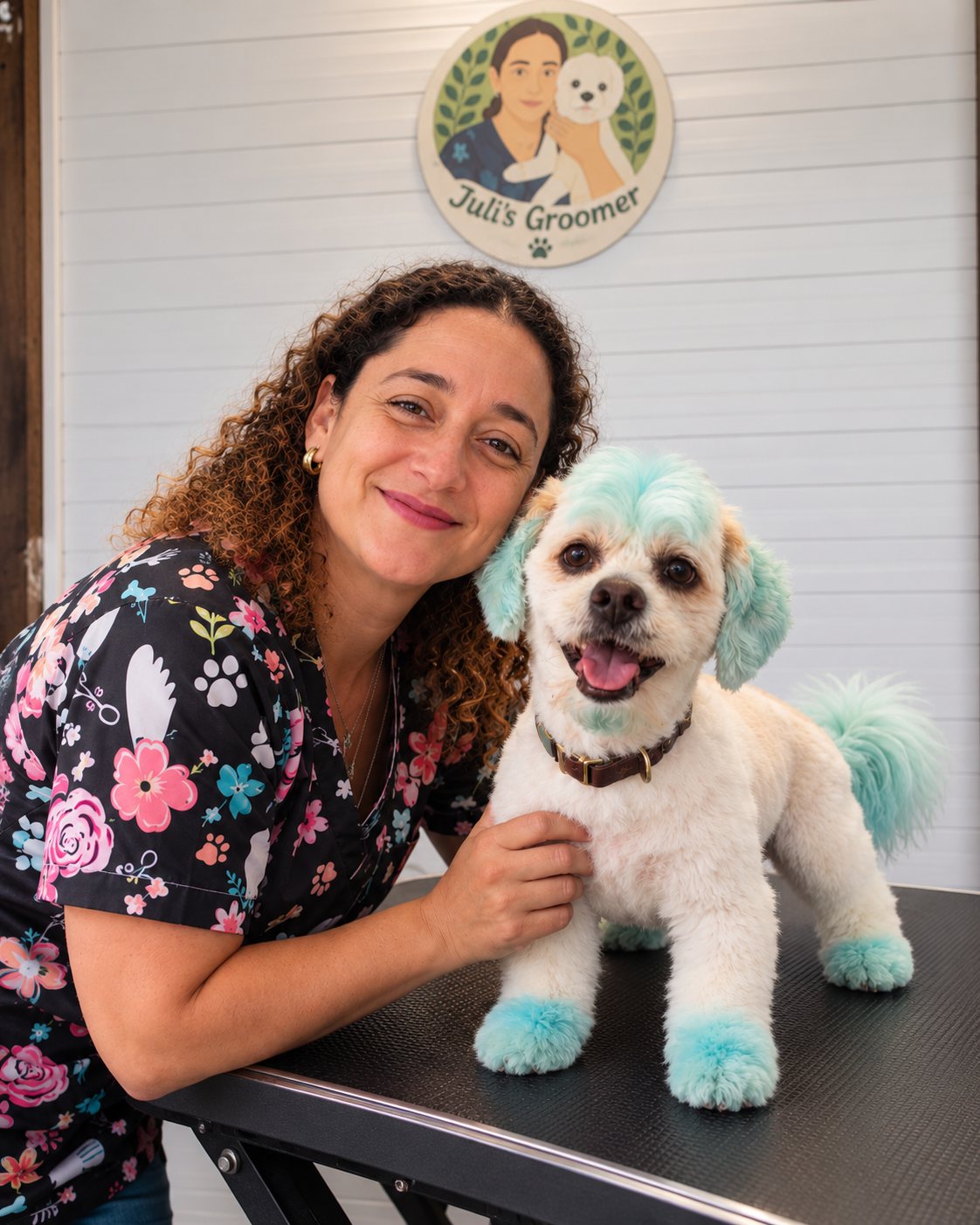 Julieta com cão branco e apontamentos de cor azul-turquesa no pelo
