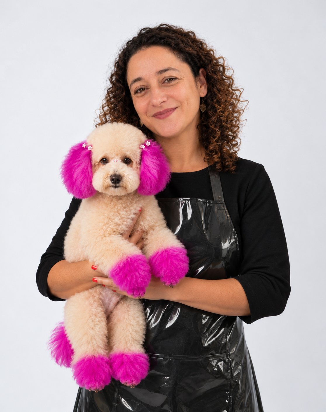 Julieta com um cão branco com orelhas e patas em tons de rosa vivo