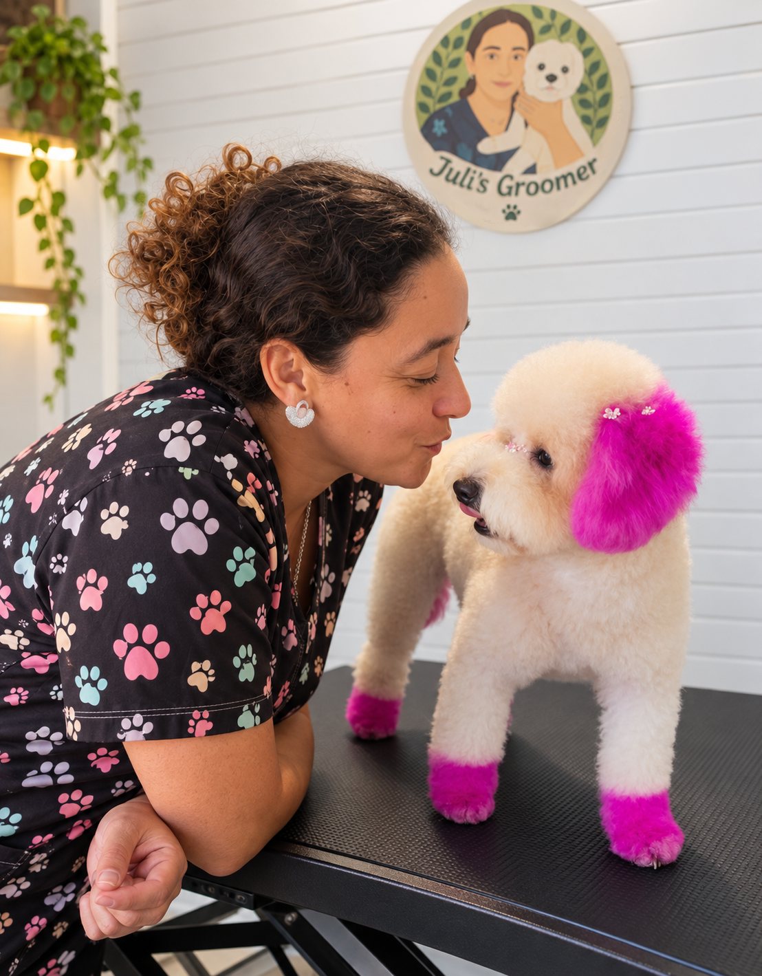 Julieta com cão de orelhas e patas em tons cor-de-rosa